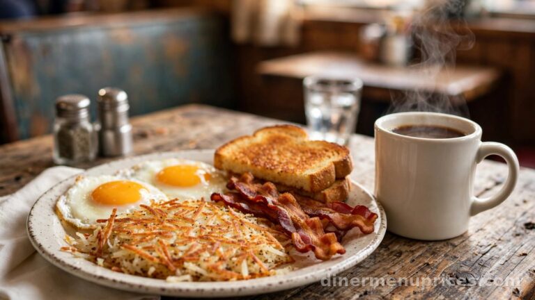 Budget-friendly diner breakfast plate with eggs, hash browns, toast, bacon and a cup of coffee on a wooden table