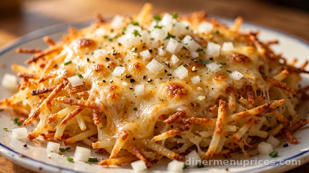 Golden crispy scattered hash browns topped with melted cheese and diced onions on a white diner plate