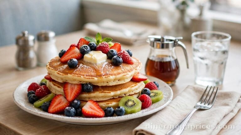 Tall stack of golden pancakes topped with fresh strawberries, blueberries and raspberries on a bright diner table