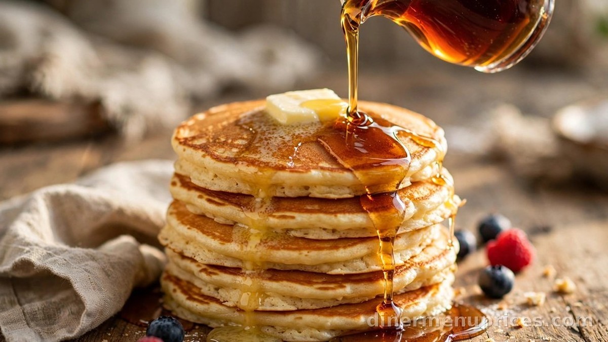 A tall stack of golden homemade buttermilk pancakes with melting butter and maple syrup being poured over the top