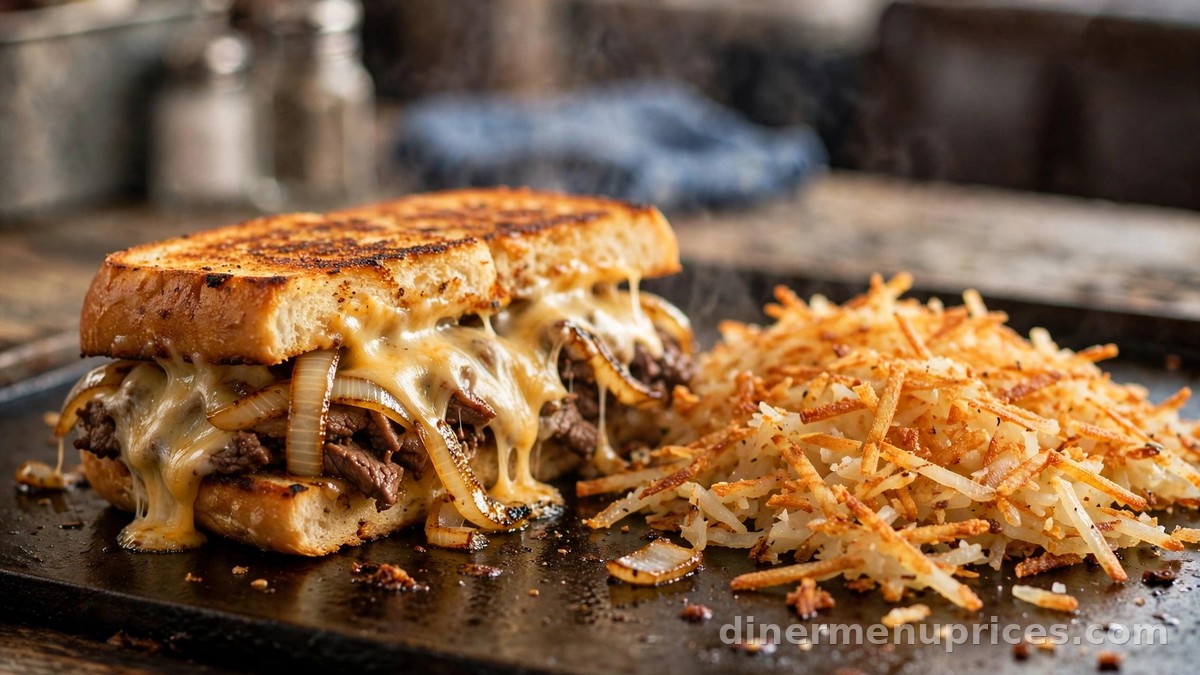 Sizzling diner griddle with a loaded cheesesteak-style melt sandwich and crispy golden hash browns
