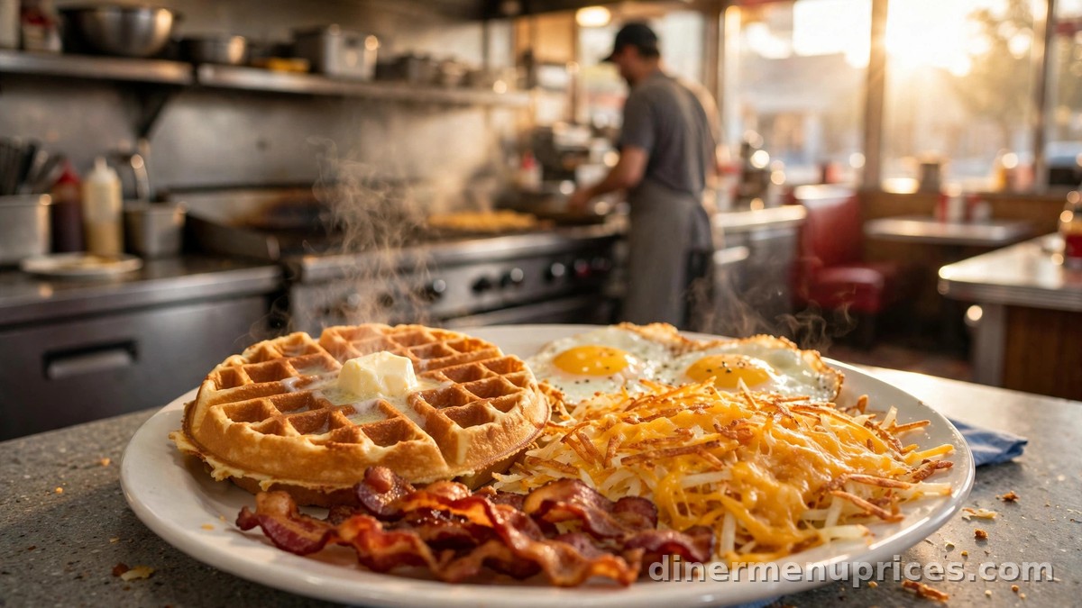 Waffle House-style breakfast with a waffle, cheesy hash browns, eggs and bacon on a diner counter